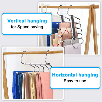 2 Pack 5-Tier Pants Hangers, Space Saving Closet Organizer, Non-Slip Multi-Layer Clothes Hangers for Jeans, Leggings, Scarves & Trousers