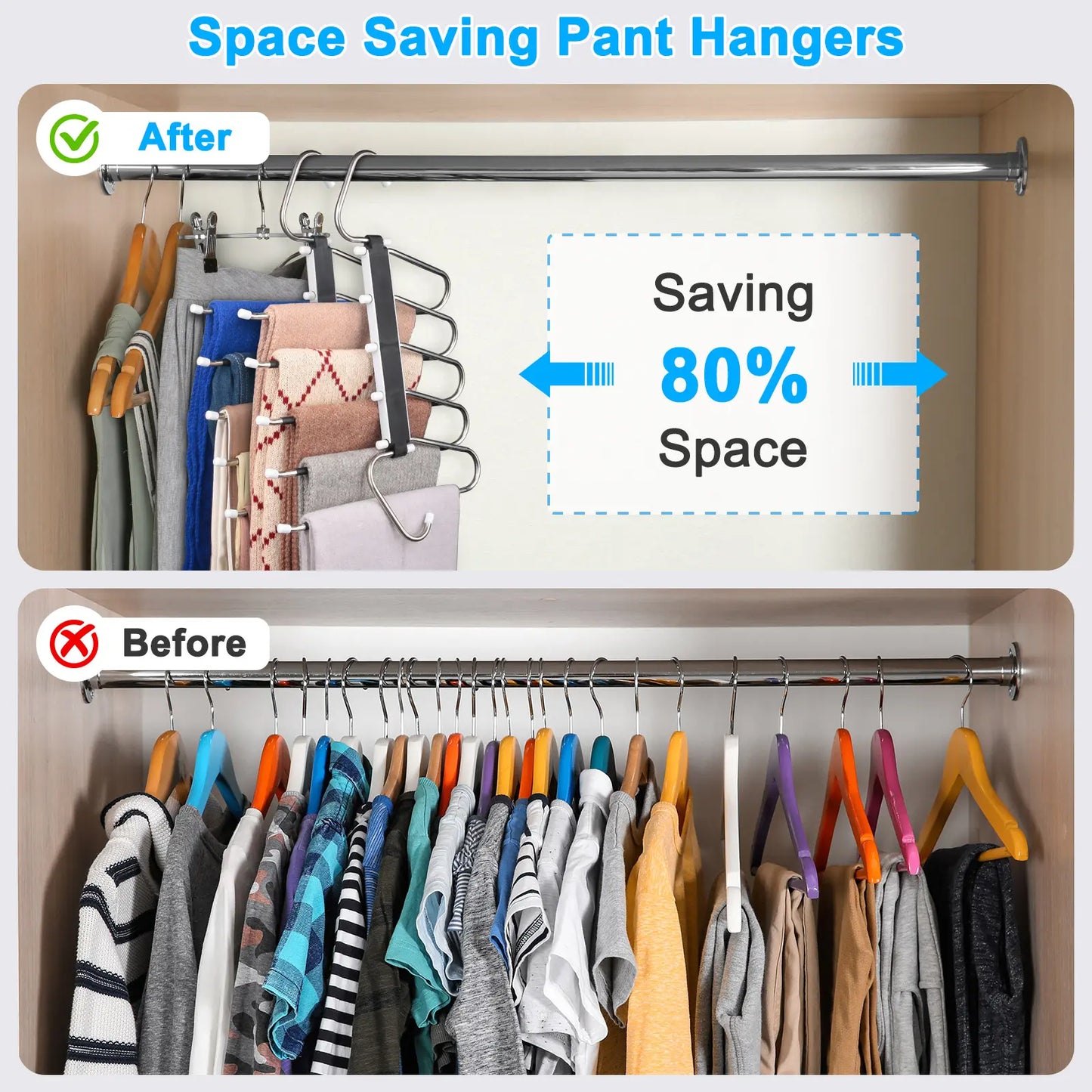 2 Pack 5-Tier Pants Hangers, Space Saving Closet Organizer, Non-Slip Multi-Layer Clothes Hangers for Jeans, Leggings, Scarves & Trousers