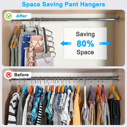 2 Pack 5-Tier Pants Hangers, Space Saving Closet Organizer, Non-Slip Multi-Layer Clothes Hangers for Jeans, Leggings, Scarves & Trousers
