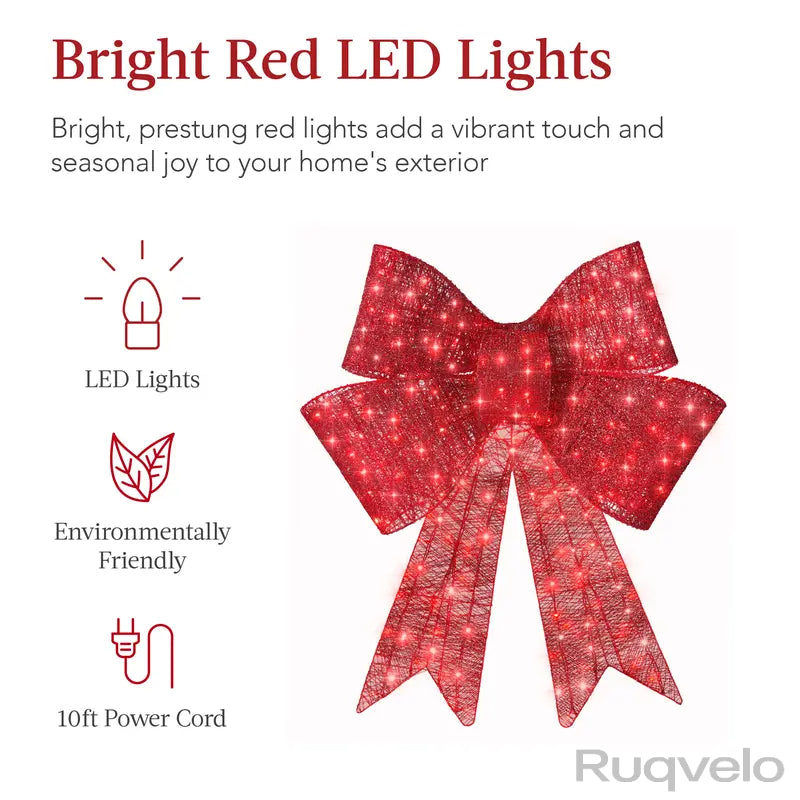 Large Pre-Lit Christmas Bow with LED Lights, 8 Lighting Modes, Hanging Hook, Outdoor Holiday Decoration