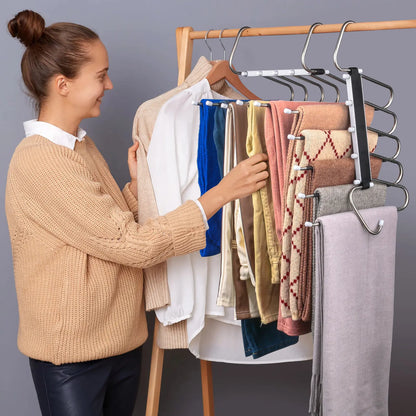 2 Pack 5-Tier Pants Hangers, Space Saving Closet Organizer, Non-Slip Multi-Layer Clothes Hangers for Jeans, Leggings, Scarves & Trousers