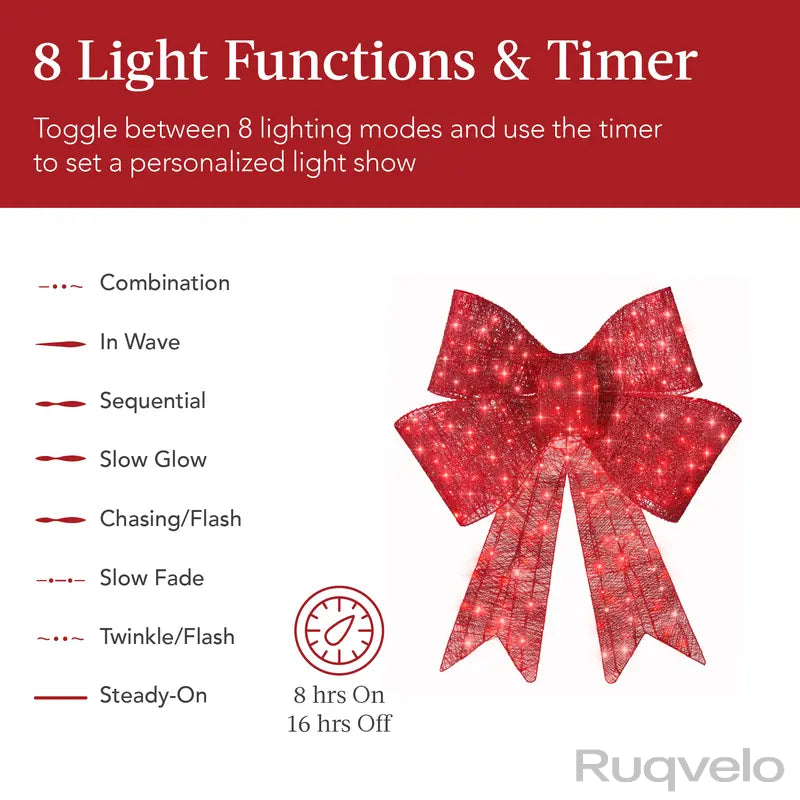 Large Pre-Lit Christmas Bow with LED Lights, 8 Lighting Modes, Hanging Hook, Outdoor Holiday Decoration