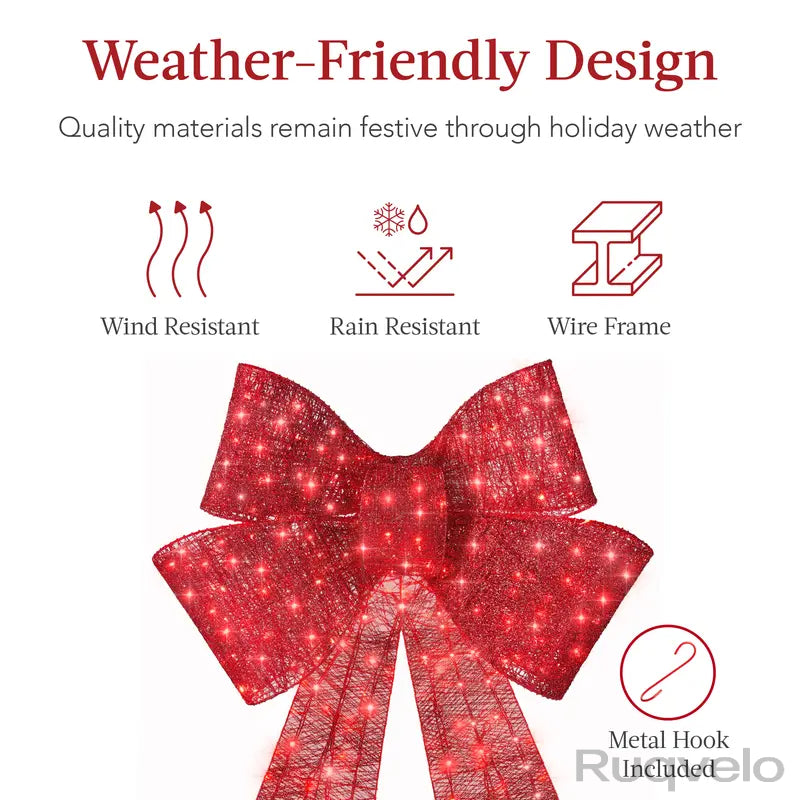 Large Pre-Lit Christmas Bow with LED Lights, 8 Lighting Modes, Hanging Hook, Outdoor Holiday Decoration