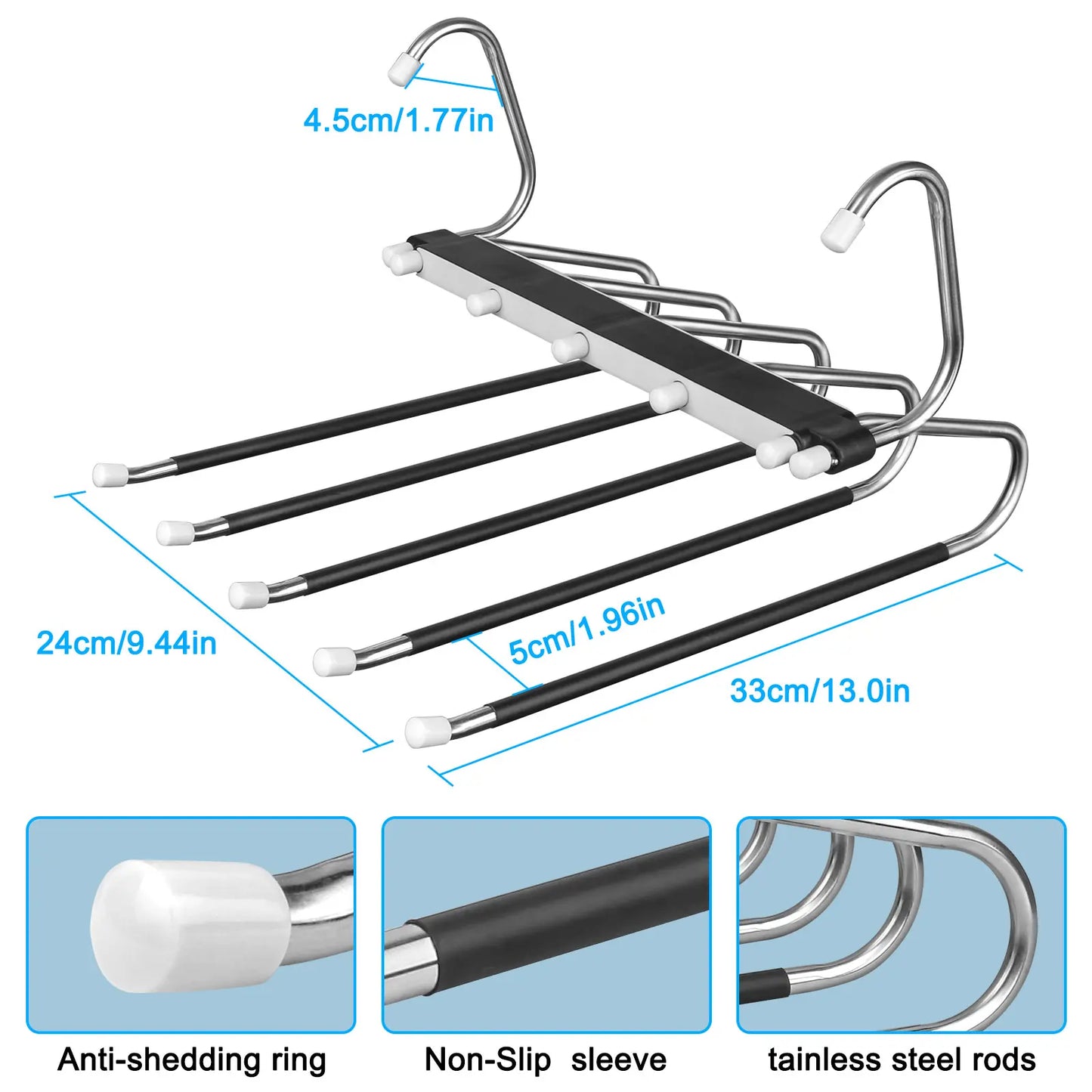 2 Pack 5-Tier Pants Hangers, Space Saving Closet Organizer, Non-Slip Multi-Layer Clothes Hangers for Jeans, Leggings, Scarves & Trousers