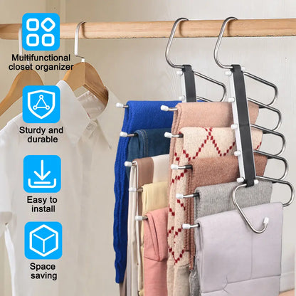 2 Pack 5-Tier Pants Hangers, Space Saving Closet Organizer, Non-Slip Multi-Layer Clothes Hangers for Jeans, Leggings, Scarves & Trousers