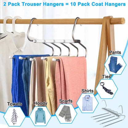 2 Pack 5-Tier Pants Hangers, Space Saving Closet Organizer, Non-Slip Multi-Layer Clothes Hangers for Jeans, Leggings, Scarves & Trousers