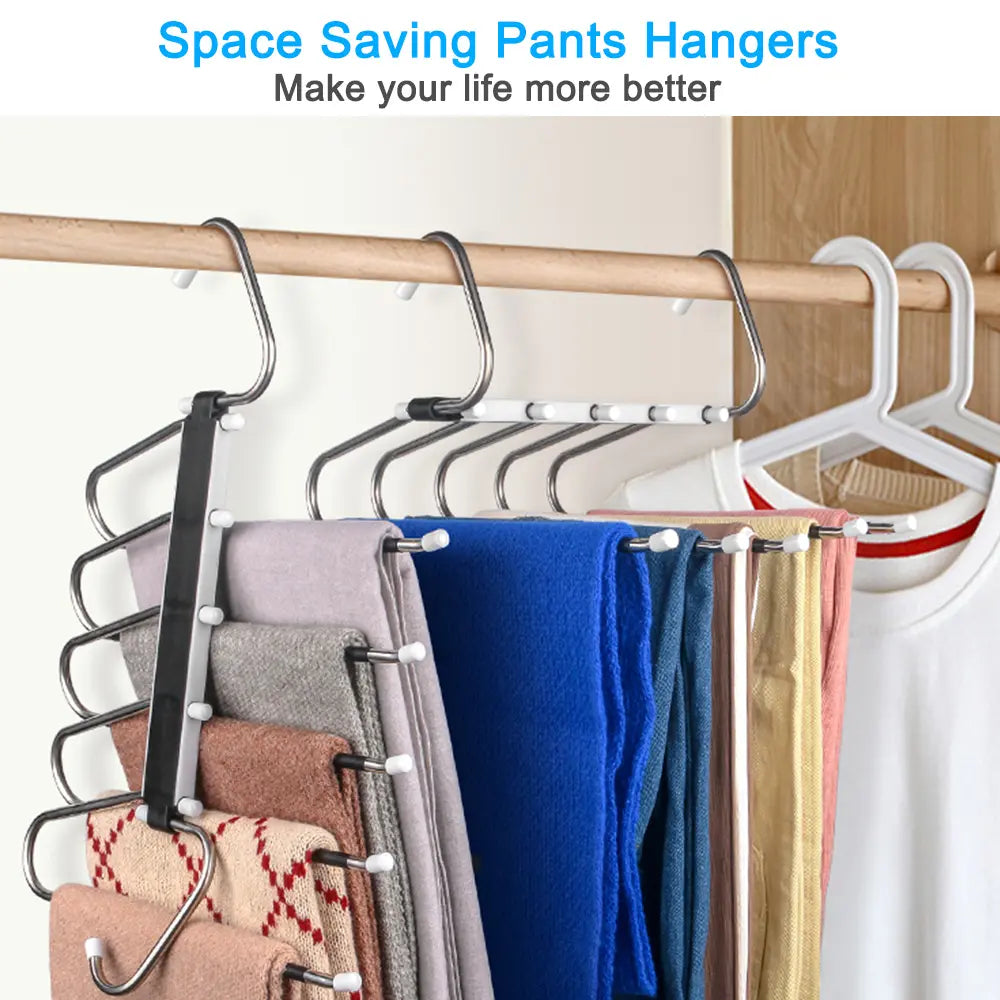 2 Pack 5-Tier Pants Hangers, Space Saving Closet Organizer, Non-Slip Multi-Layer Clothes Hangers for Jeans, Leggings, Scarves & Trousers