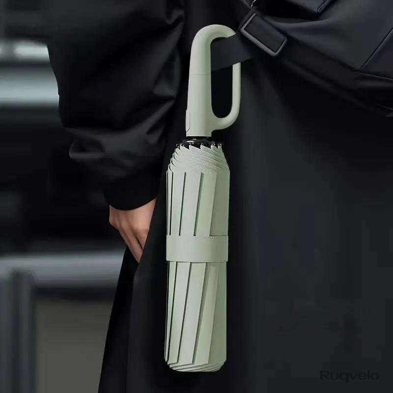 Women's Green Automatic Folding Umbrella, Compact Windproof Travel Umbrella with Ring Buckle, Reinforced Waterproof Design, UV Sun & Rain Protection for Outdoor Use