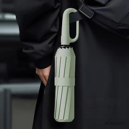 Women's Green Automatic Folding Umbrella, Compact Windproof Travel Umbrella with Ring Buckle, Reinforced Waterproof Design, UV Sun & Rain Protection for Outdoor Use