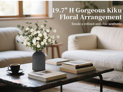 Artificial Flowers in Vase, 12-Stem Faux Mums with Eucalyptus & Pom Poms, Decorative Floral Centerpiece for Kitchen Island, Entryway, Table & Dorm