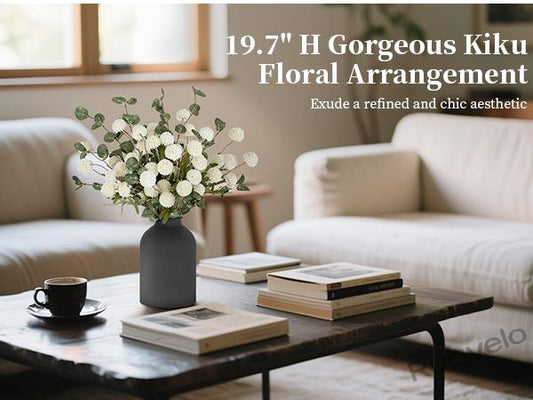 Artificial Flowers in Vase, 12-Stem Faux Mums with Eucalyptus & Pom Poms, Decorative Floral Centerpiece for Kitchen Island, Entryway, Table & Dorm