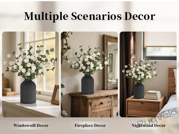 Artificial Flowers in Vase, 12-Stem Faux Mums with Eucalyptus & Pom Poms, Decorative Floral Centerpiece for Kitchen Island, Entryway, Table & Dorm