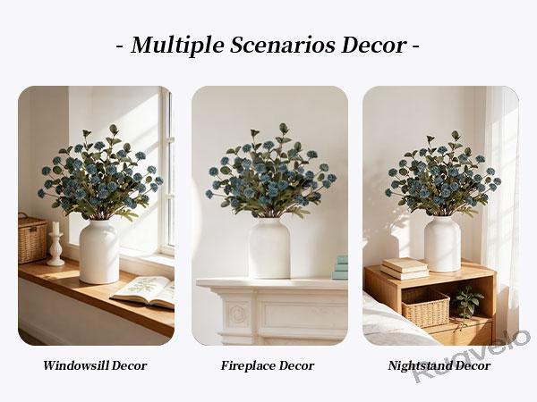 Artificial Flowers in Vase, 12-Stem Faux Mums with Eucalyptus & Pom Poms, Decorative Floral Centerpiece for Kitchen Island, Entryway, Table & Dorm