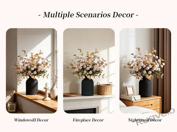 Artificial Flowers in Vase, 12-Stem Faux Mums with Eucalyptus & Pom Poms, Decorative Floral Centerpiece for Kitchen Island, Entryway, Table & Dorm