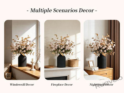 Artificial Flowers in Vase, 12-Stem Faux Mums with Eucalyptus & Pom Poms, Decorative Floral Centerpiece for Kitchen Island, Entryway, Table & Dorm
