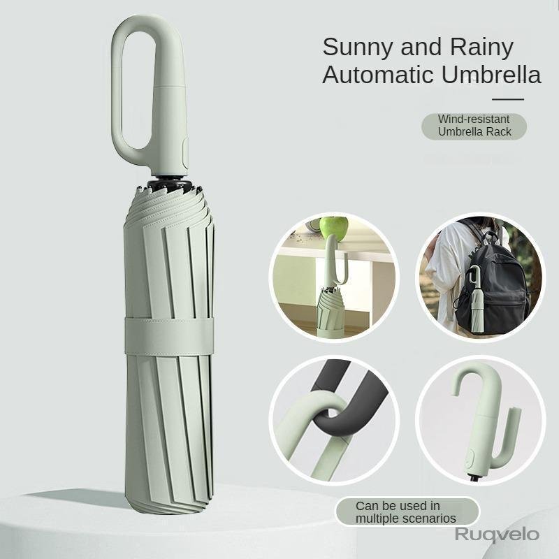 Women's Green Automatic Folding Umbrella, Compact Windproof Travel Umbrella with Ring Buckle, Reinforced Waterproof Design, UV Sun & Rain Protection for Outdoor Use