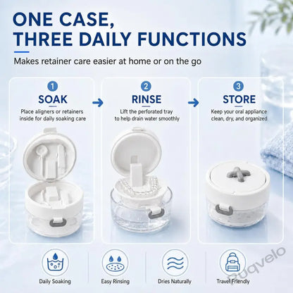 3-in-1 Retainer Cleaning Case with Mirror & Cleaning Brush, Portable Dental Appliance Bath with Rinse Basket, Compact Oral Care Tumbler for Travel & Daily Use