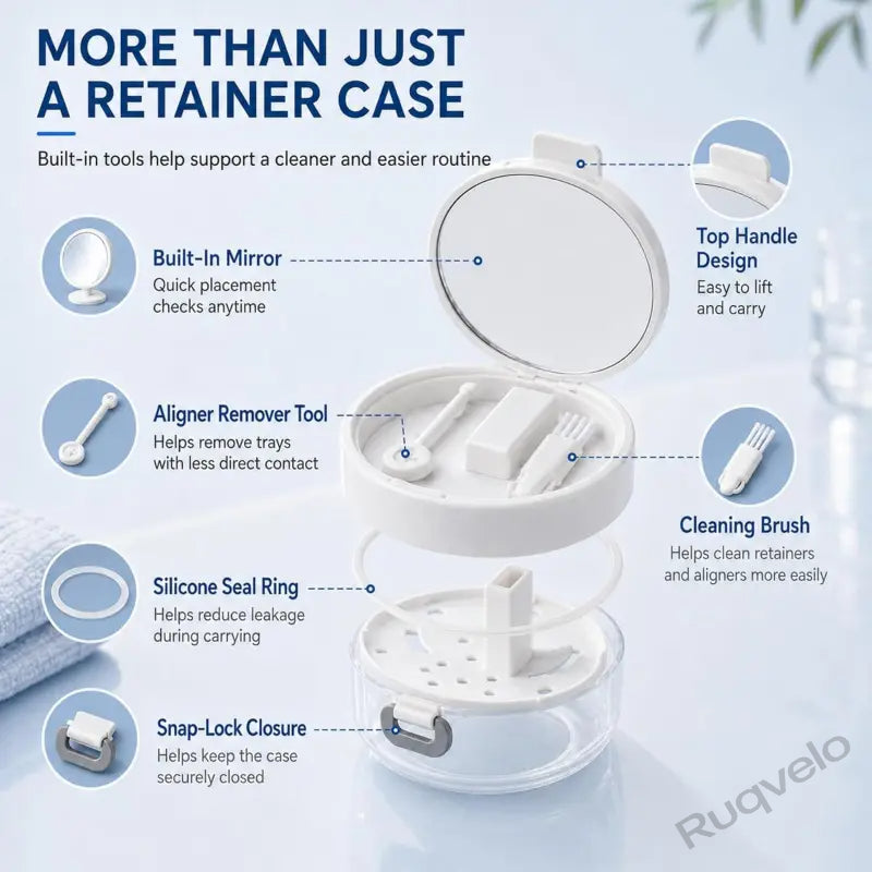 3-in-1 Retainer Cleaning Case with Mirror & Cleaning Brush, Portable Dental Appliance Bath with Rinse Basket, Compact Oral Care Tumbler for Travel & Daily Use