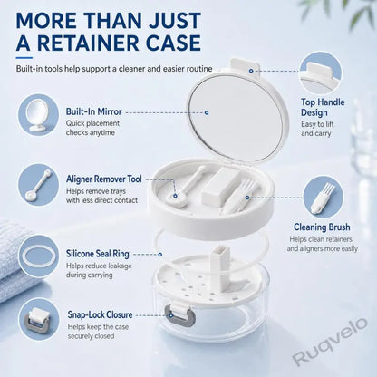3-in-1 Retainer Cleaning Case with Mirror & Cleaning Brush, Portable Dental Appliance Bath with Rinse Basket, Compact Oral Care Tumbler for Travel & Daily Use