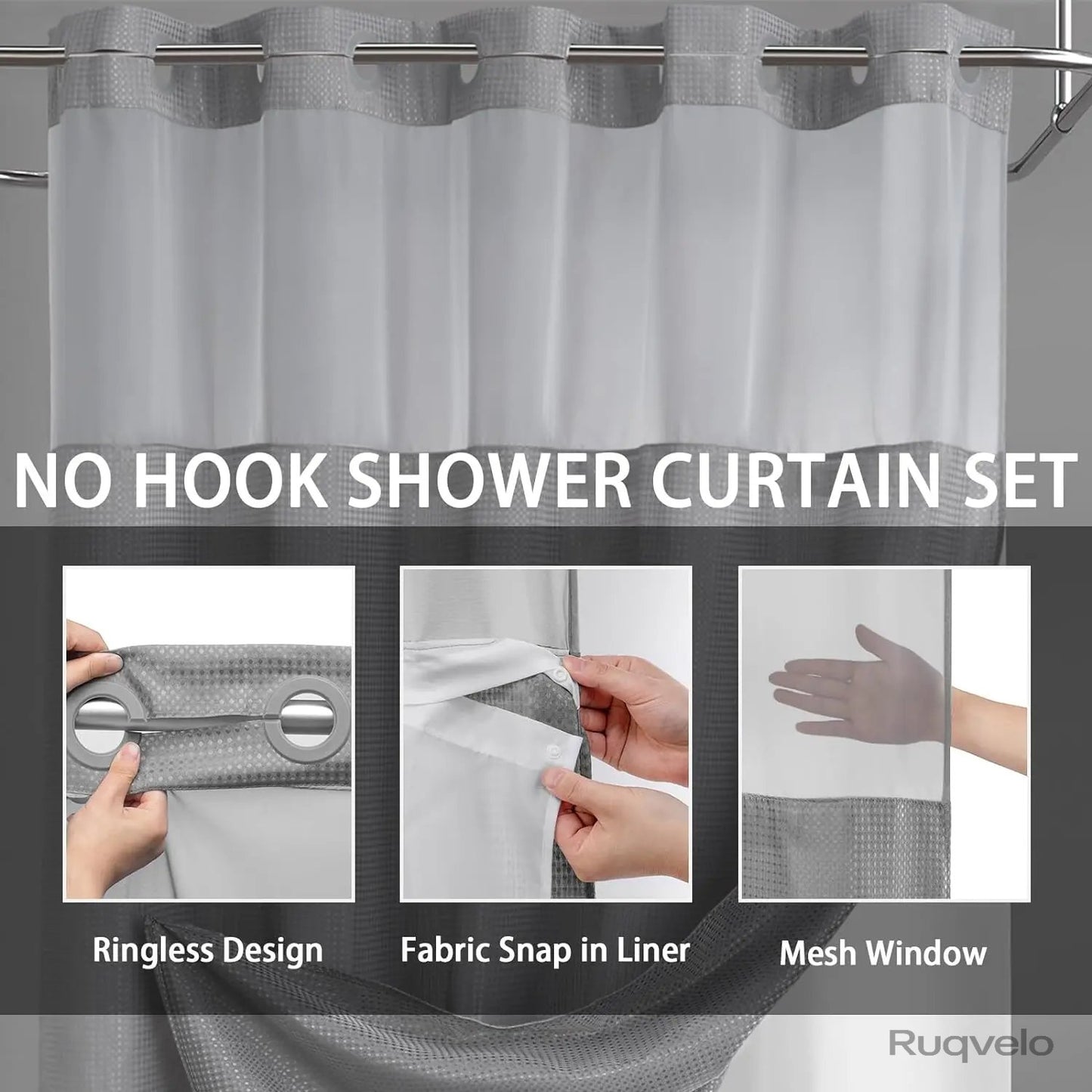 No-Hook Waffle Weave Shower Curtain with Snap-In Liner, Waterproof Double-Layer Shower Curtain with Washable Liner, 72 x 75 Inch, Easy to Install