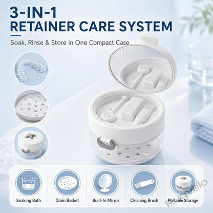 3-in-1 Retainer Cleaning Case with Mirror & Cleaning Brush, Portable Dental Appliance Bath with Rinse Basket, Compact Oral Care Tumbler for Travel & Daily Use