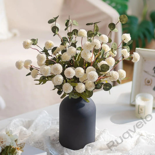 Artificial Flowers in Vase, 12-Stem Faux Mums with Eucalyptus & Pom Poms, Decorative Floral Centerpiece for Kitchen Island, Entryway, Table & Dorm