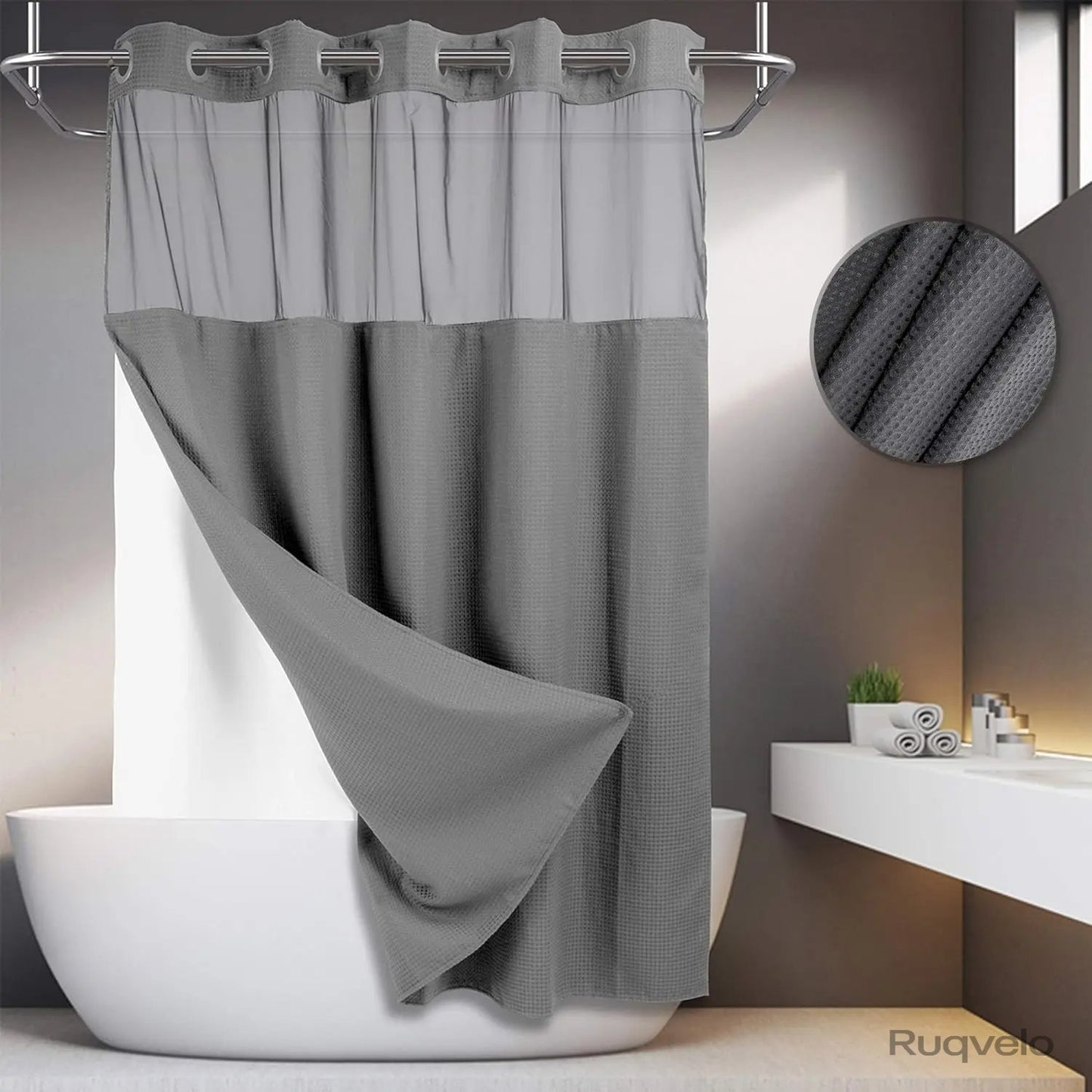No-Hook Waffle Weave Shower Curtain with Snap-In Liner, Waterproof Double-Layer Shower Curtain with Washable Liner, 72 x 75 Inch, Easy to Install