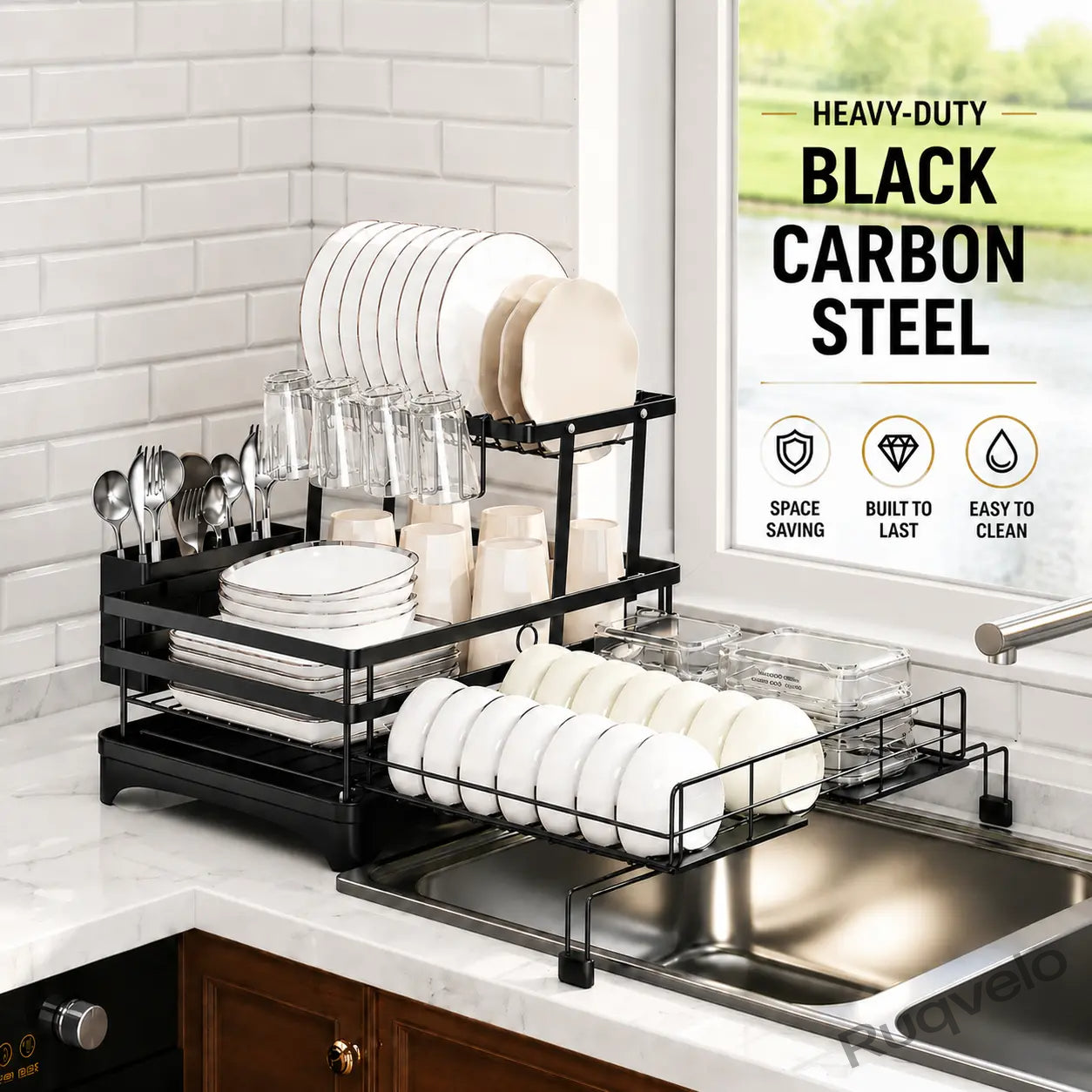Foldable Over Sink Dish Drying Rack, Expandable Heavy-Duty Carbon Steel Dish Rack for Kitchen Counter, Space-Saving Organizer for Plates, Bowls & Utensils