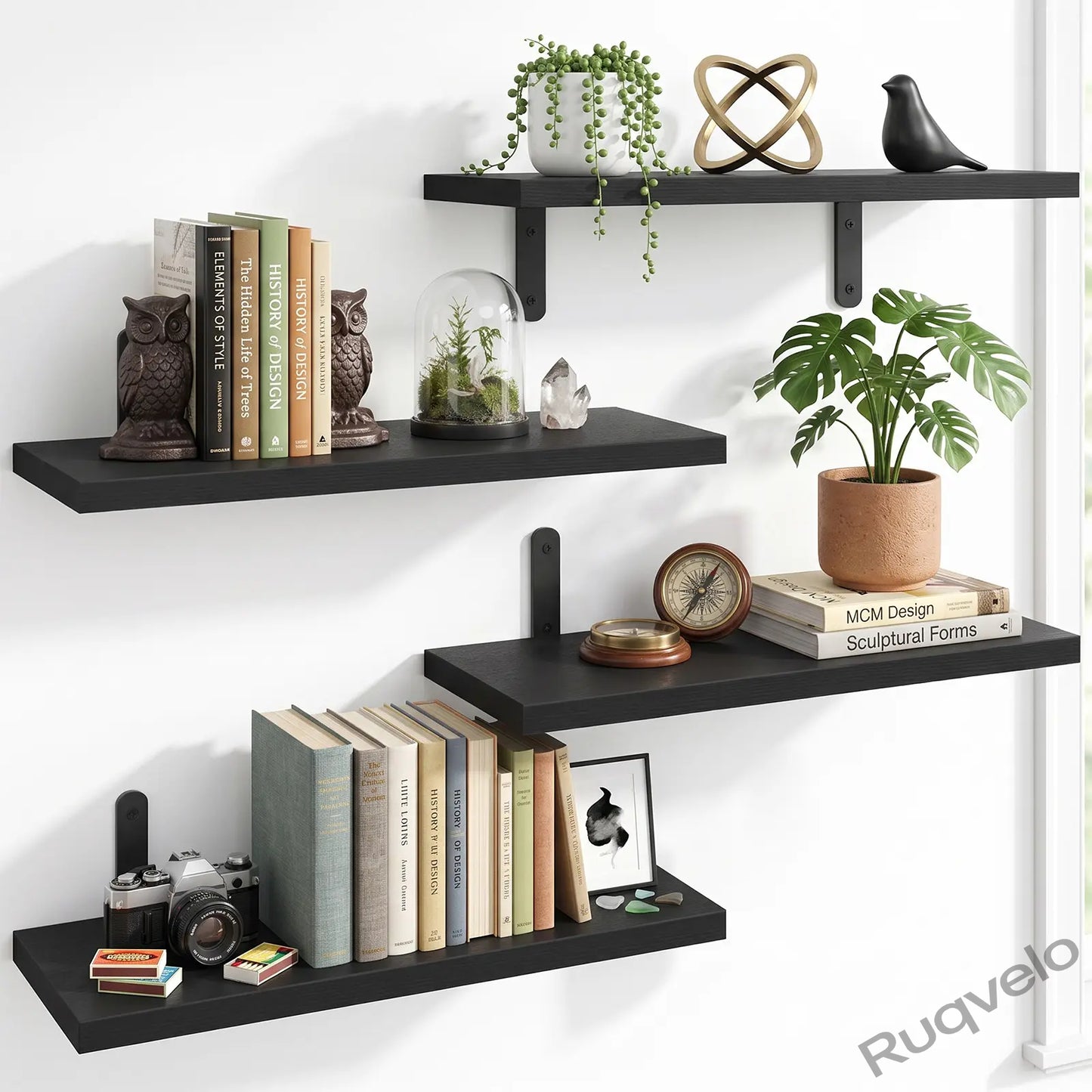 Set of 4 Floating Wall Shelves, Black & White Wood Wall-Mounted Storage Organizer, Space-Saving Display Shelves for Bedroom, Dorm, Bathroom & Living Room Decor