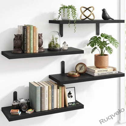 Set of 4 Floating Wall Shelves, Black & White Wood Wall-Mounted Storage Organizer, Space-Saving Display Shelves for Bedroom, Dorm, Bathroom & Living Room Decor