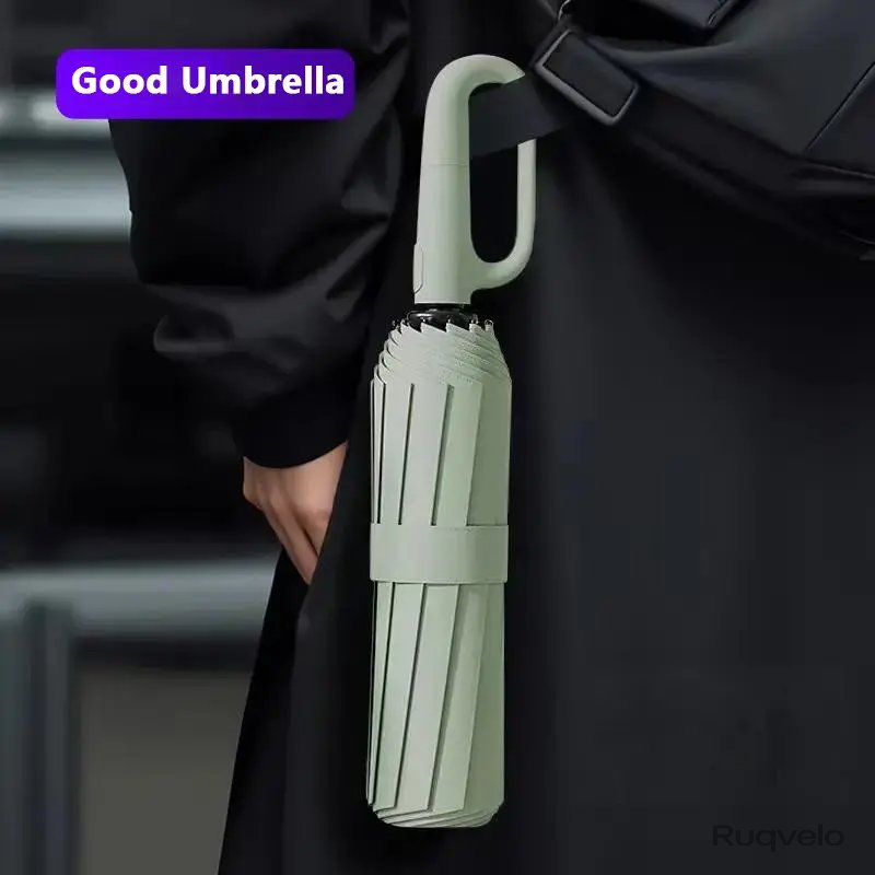 Women's Green Automatic Folding Umbrella, Compact Windproof Travel Umbrella with Ring Buckle, Reinforced Waterproof Design, UV Sun & Rain Protection for Outdoor Use