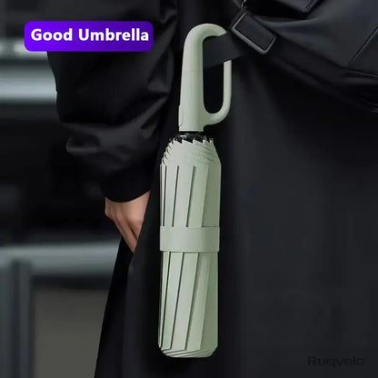 Women's Green Automatic Folding Umbrella, Compact Windproof Travel Umbrella with Ring Buckle, Reinforced Waterproof Design, UV Sun & Rain Protection for Outdoor Use
