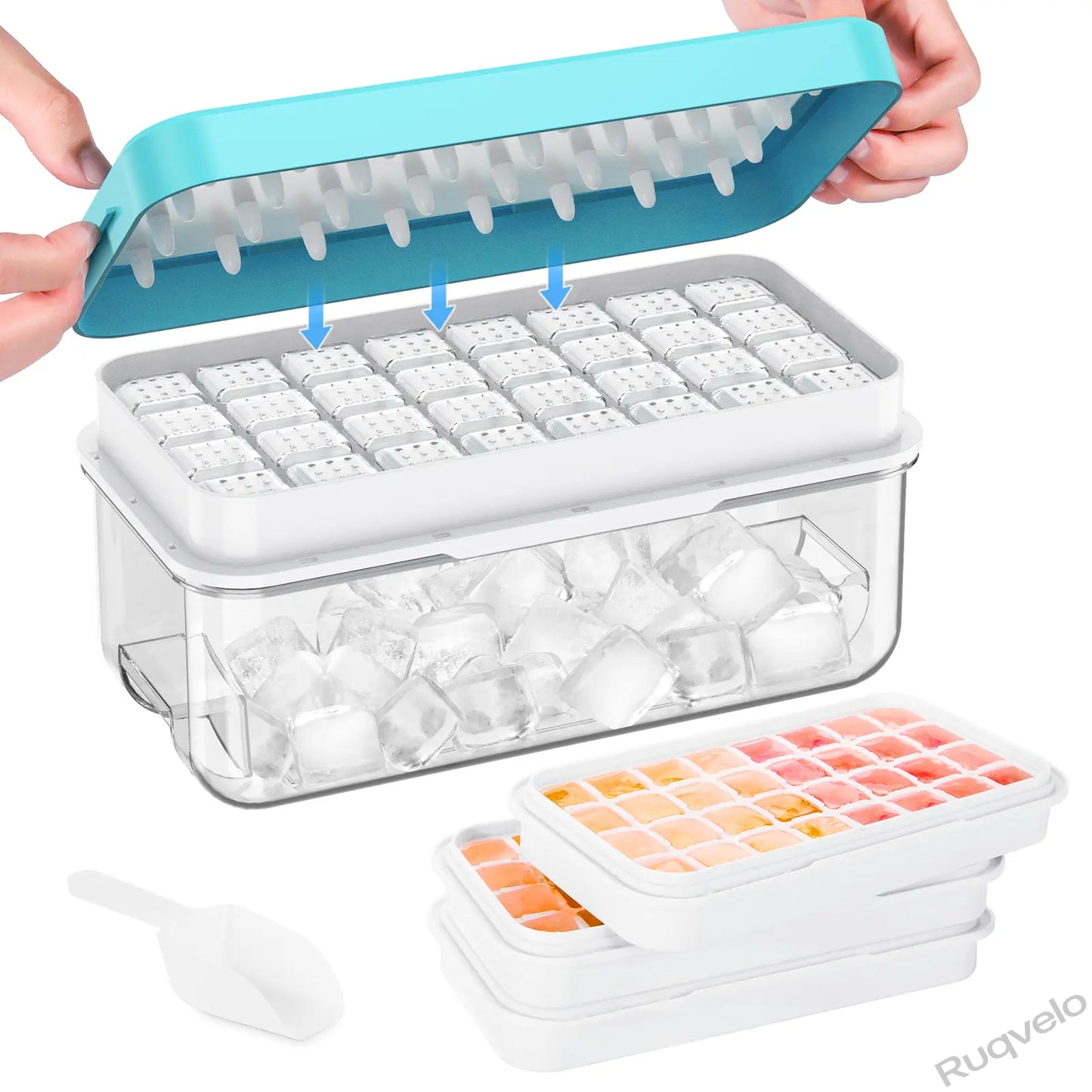 Stackable Ice Cube Tray Set with Lid and Storage Bin, 64/96 Cube BPA-Free Ice Molds, Easy-Release Design with Scoop for Freezer, Kitchen, Home & Parties