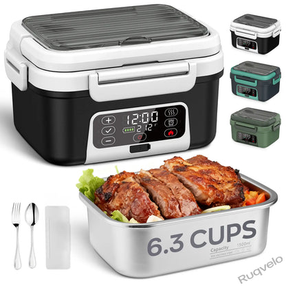 Cordless Electric Heated Lunch Box, 1.5L (6.3 Cups) Portable Food Warmer with 20000mAh Rechargeable Battery, Auto Heating, Smart Timer, Spoon, Insulated Bag & Divider