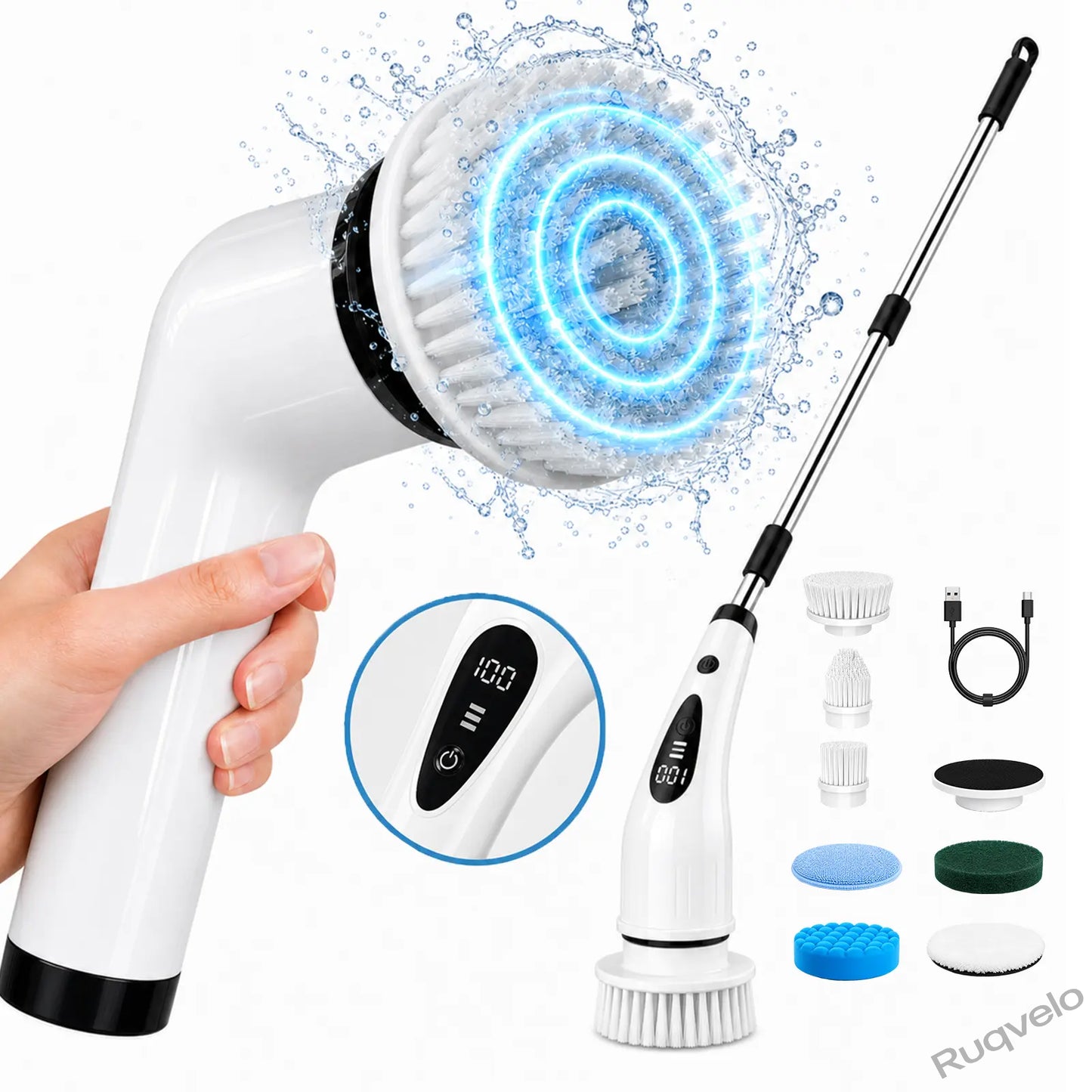 Electric Spin Scrubber with 8 Brush Heads, Cordless Shower Cleaning Brush with 3 Speeds, IPX7 Waterproof, Extendable Handle, LCD Display & Long Battery Life