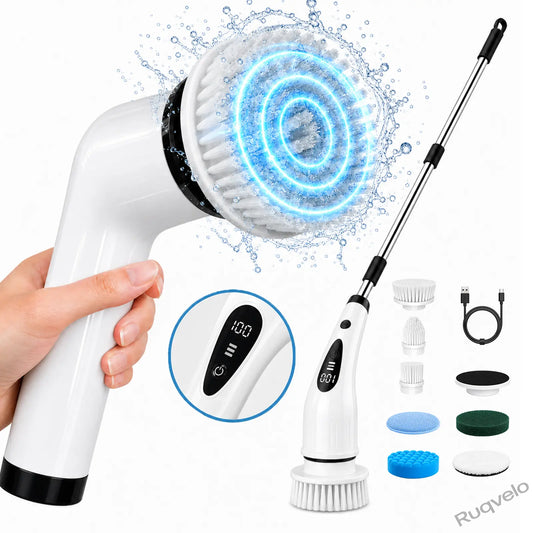 Electric Spin Scrubber with 8 Brush Heads, Cordless Shower Cleaning Brush with 3 Speeds, IPX7 Waterproof, Extendable Handle, LCD Display & Long Battery Life