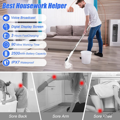 Electric Spin Scrubber with 8 Brush Heads, Cordless Shower Cleaning Brush with 3 Speeds, IPX7 Waterproof, Extendable Handle, LCD Display & Long Battery Life