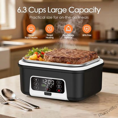 Cordless Electric Heated Lunch Box, 1.5L (6.3 Cups) Portable Food Warmer with 20000mAh Rechargeable Battery, Auto Heating, Smart Timer, Spoon, Insulated Bag & Divider