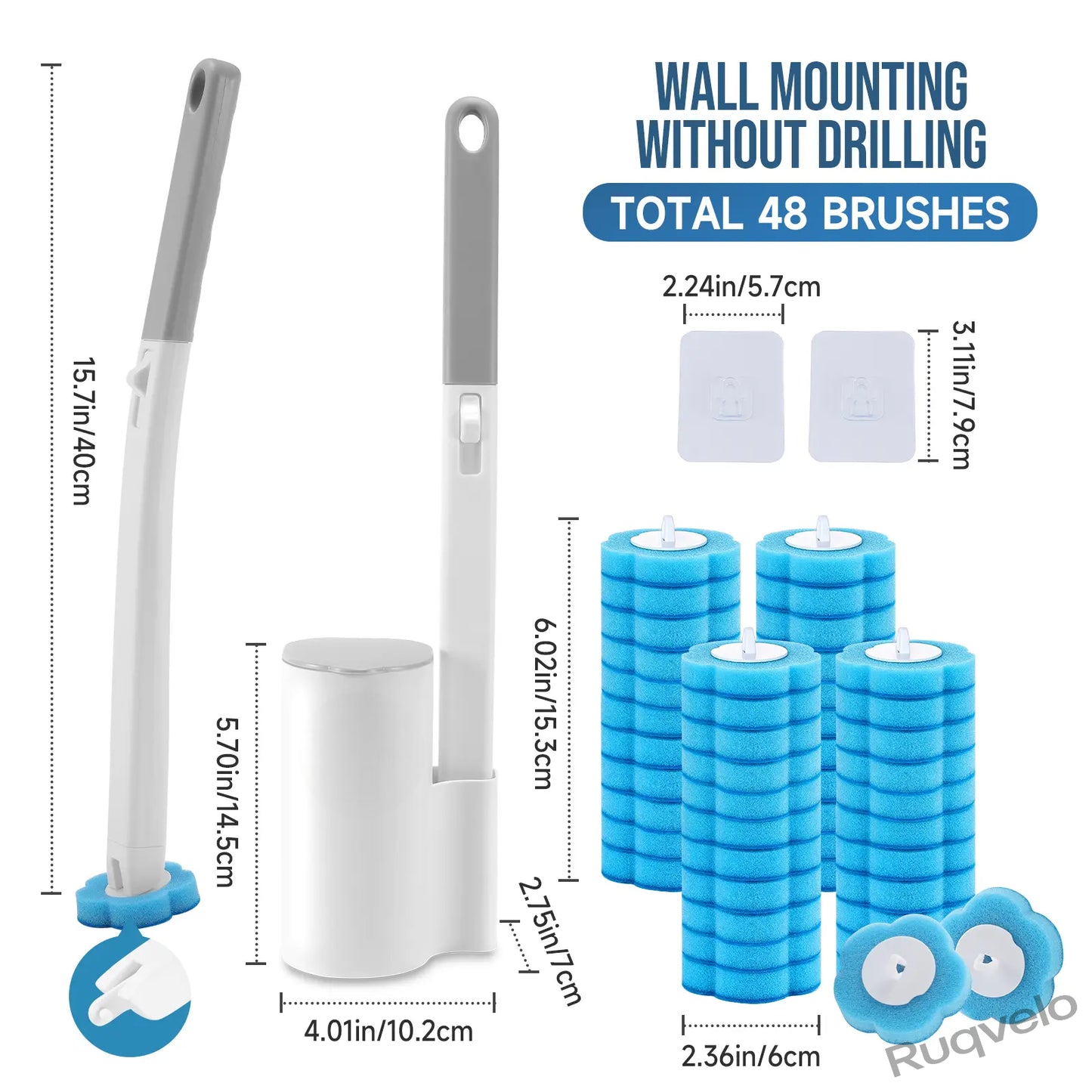 2PCS Disposable Toilet Brush with Holder, 48Pcs Cleaner Refills, Extended Handle Deep Cleaning Toilet Bowl Brush, Wall-Mount Bathroom Cleaning System