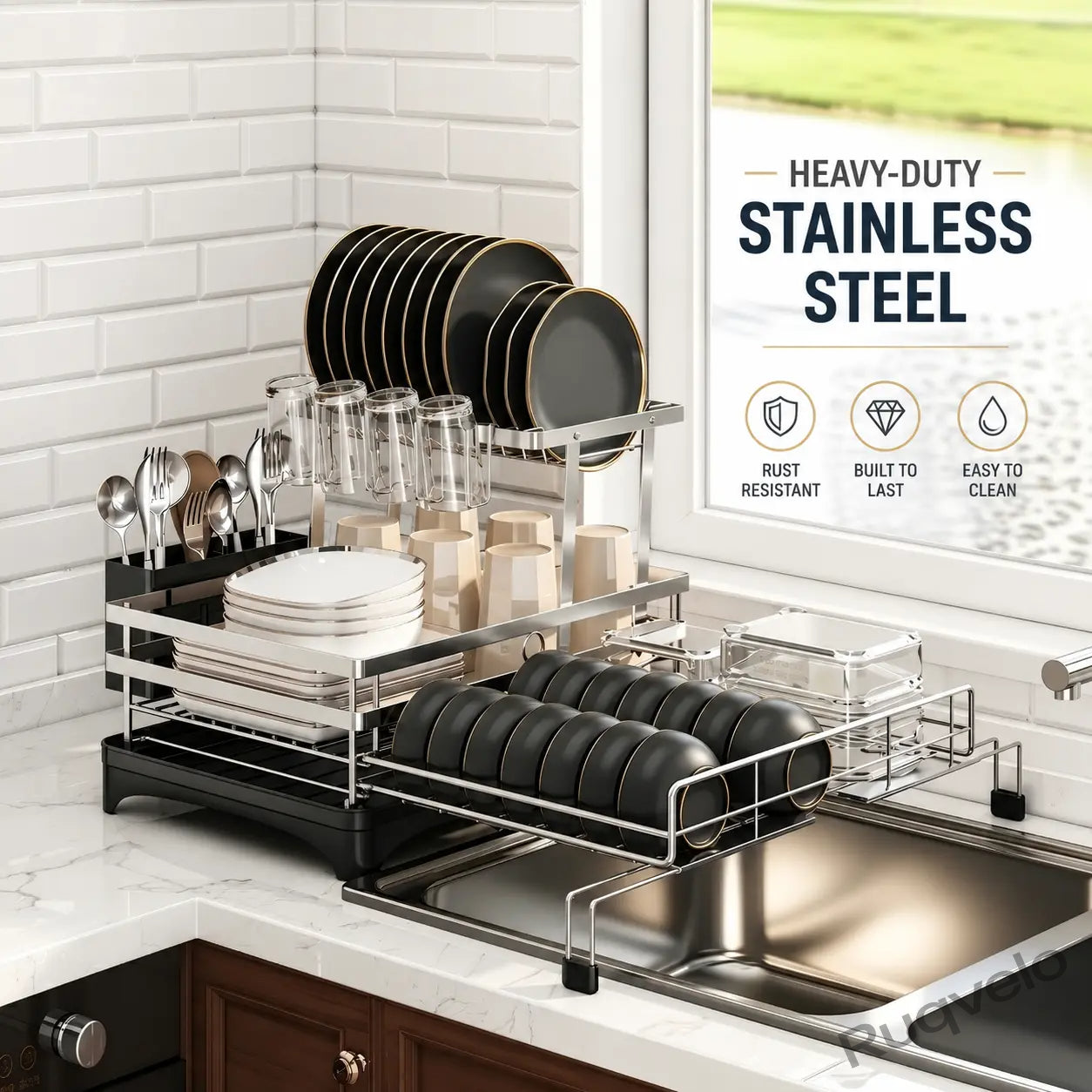 Foldable Over Sink Dish Drying Rack, Expandable Heavy-Duty Carbon Steel Dish Rack for Kitchen Counter, Space-Saving Organizer for Plates, Bowls & Utensils