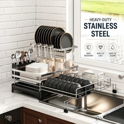 Foldable Over Sink Dish Drying Rack, Expandable Heavy-Duty Carbon Steel Dish Rack for Kitchen Counter, Space-Saving Organizer for Plates, Bowls & Utensils