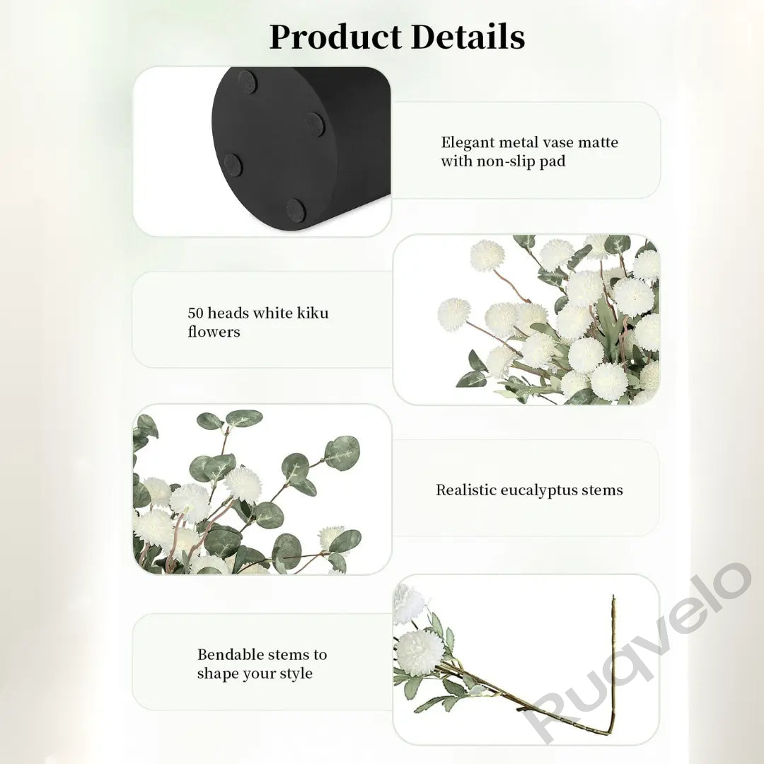 Artificial Flowers in Vase, 12-Stem Faux Mums with Eucalyptus & Pom Poms, Decorative Floral Centerpiece for Kitchen Island, Entryway, Table & Dorm