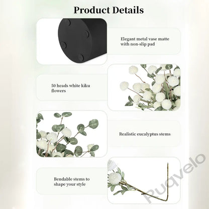 Artificial Flowers in Vase, 12-Stem Faux Mums with Eucalyptus & Pom Poms, Decorative Floral Centerpiece for Kitchen Island, Entryway, Table & Dorm