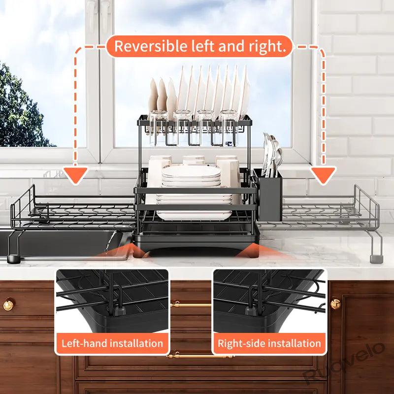 Foldable Over Sink Dish Drying Rack, Expandable Heavy-Duty Carbon Steel Dish Rack for Kitchen Counter, Space-Saving Organizer for Plates, Bowls & Utensils