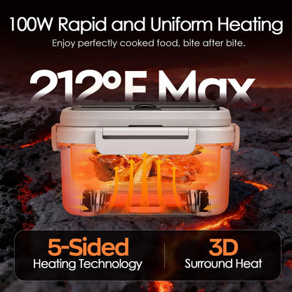 Cordless Electric Heated Lunch Box, 1.5L (6.3 Cups) Portable Food Warmer with 20000mAh Rechargeable Battery, Auto Heating, Smart Timer, Spoon, Insulated Bag & Divider