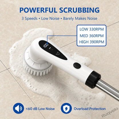 Electric Spin Scrubber with 8 Brush Heads, Cordless Shower Cleaning Brush with 3 Speeds, IPX7 Waterproof, Extendable Handle, LCD Display & Long Battery Life