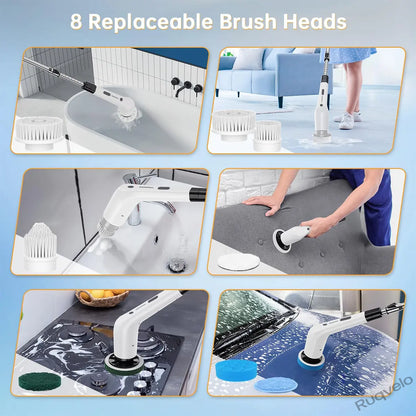 Electric Spin Scrubber with 8 Brush Heads, Cordless Shower Cleaning Brush with 3 Speeds, IPX7 Waterproof, Extendable Handle, LCD Display & Long Battery Life
