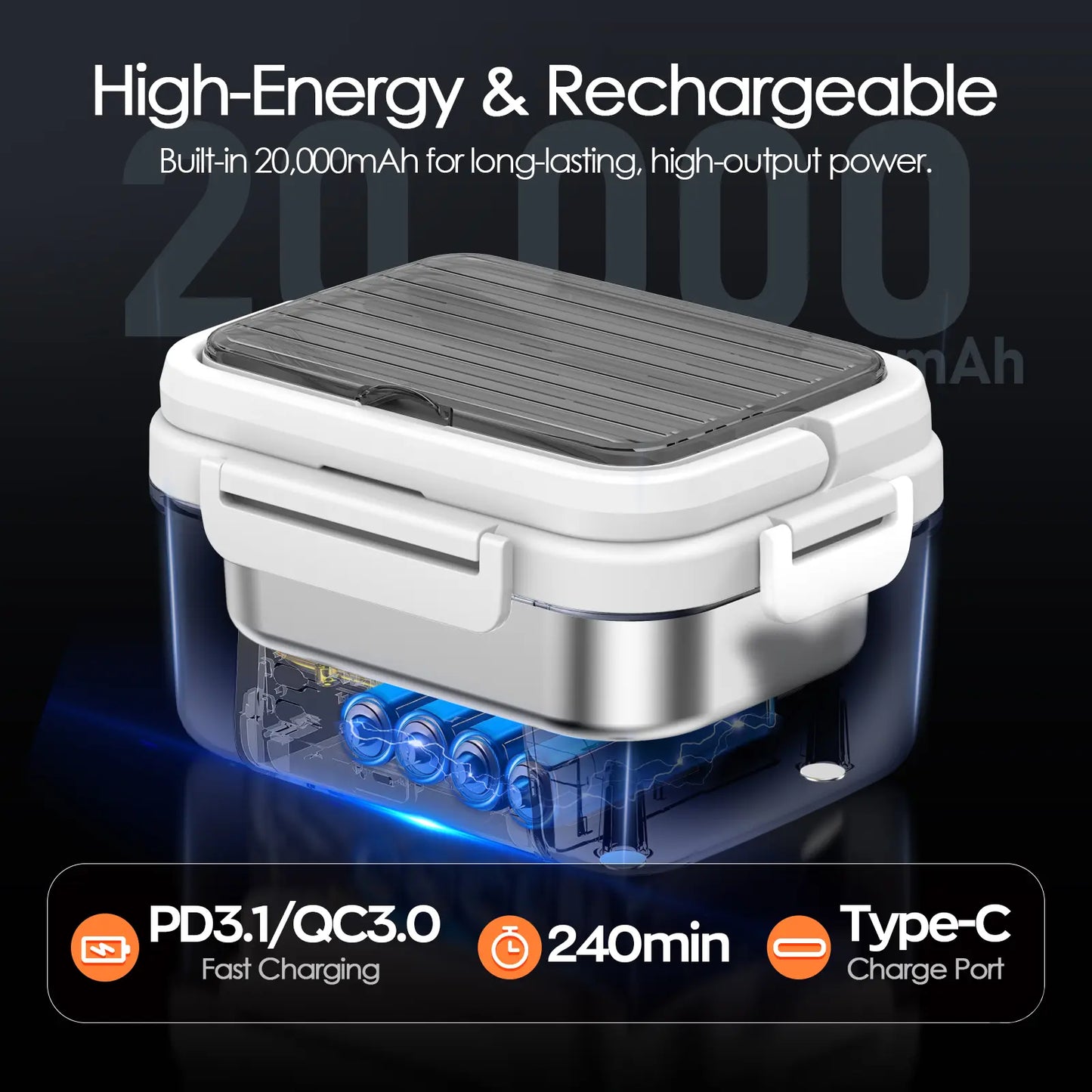 Cordless Electric Heated Lunch Box, 1.5L (6.3 Cups) Portable Food Warmer with 20000mAh Rechargeable Battery, Auto Heating, Smart Timer, Spoon, Insulated Bag & Divider