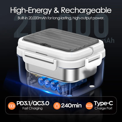 Cordless Electric Heated Lunch Box, 1.5L (6.3 Cups) Portable Food Warmer with 20000mAh Rechargeable Battery, Auto Heating, Smart Timer, Spoon, Insulated Bag & Divider