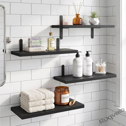 Set of 4 Floating Wall Shelves, Black & White Wood Wall-Mounted Storage Organizer, Space-Saving Display Shelves for Bedroom, Dorm, Bathroom & Living Room Decor